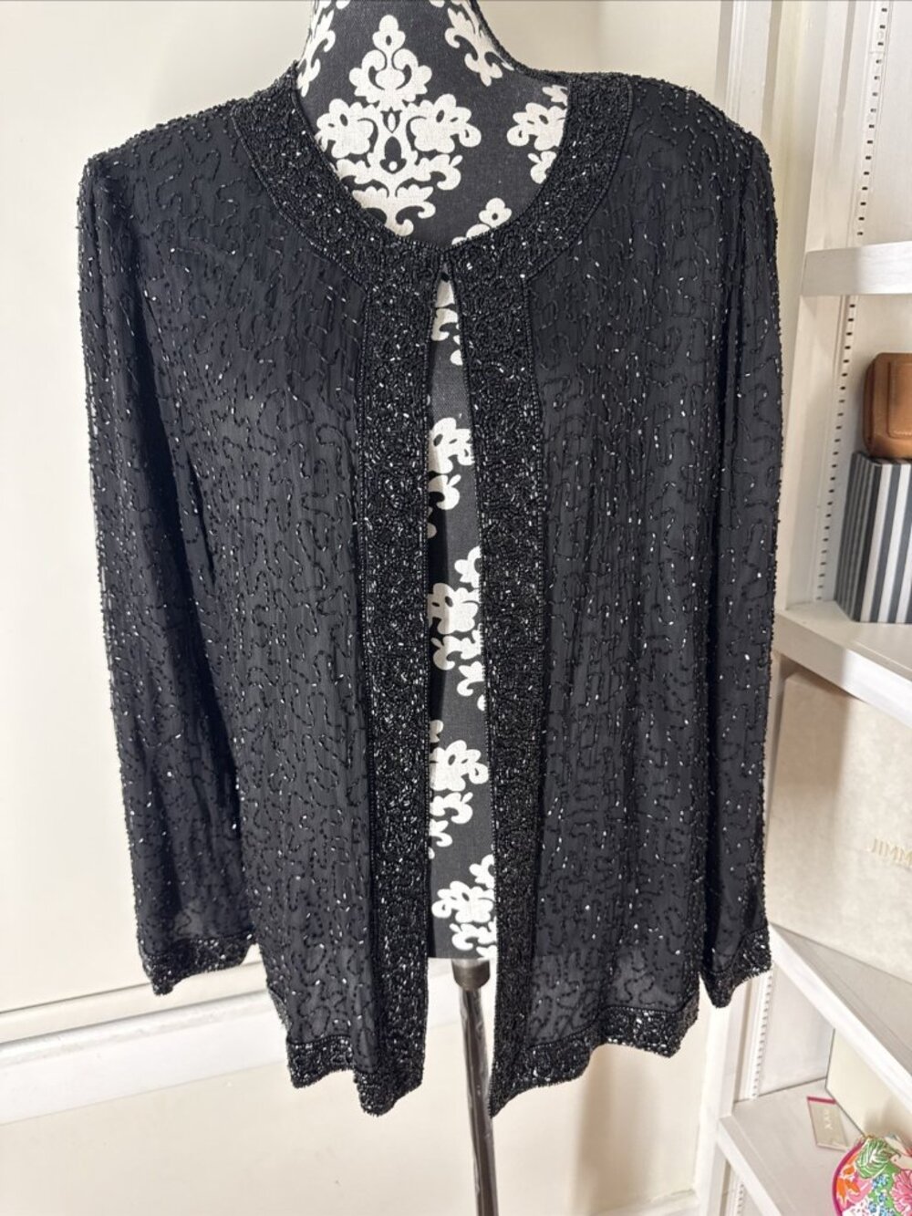 Laurence Kazar Vintage Long Sleeve Fully  Beaded Silk Evening Jacket Formal 2X